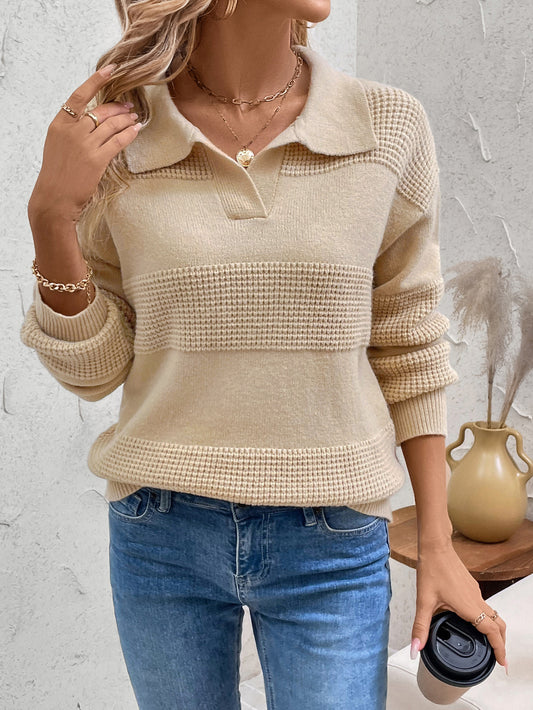 Dropped shoulder sweater with classic Johnny collar in a soft knit