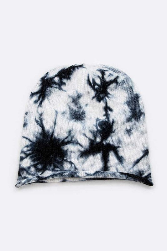 Relaxed cotton beanie featuring black tie dye swirl pattern

