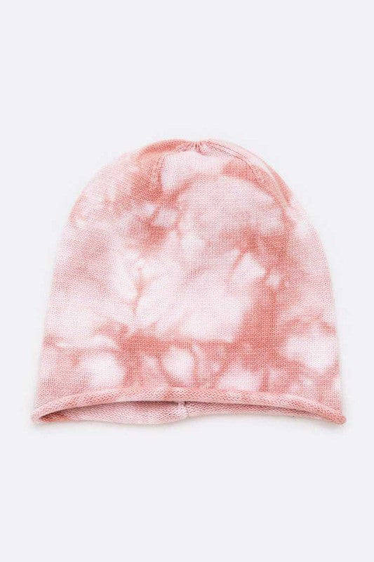 Relaxed cotton beanie featuring peach tie dye swirl pattern

