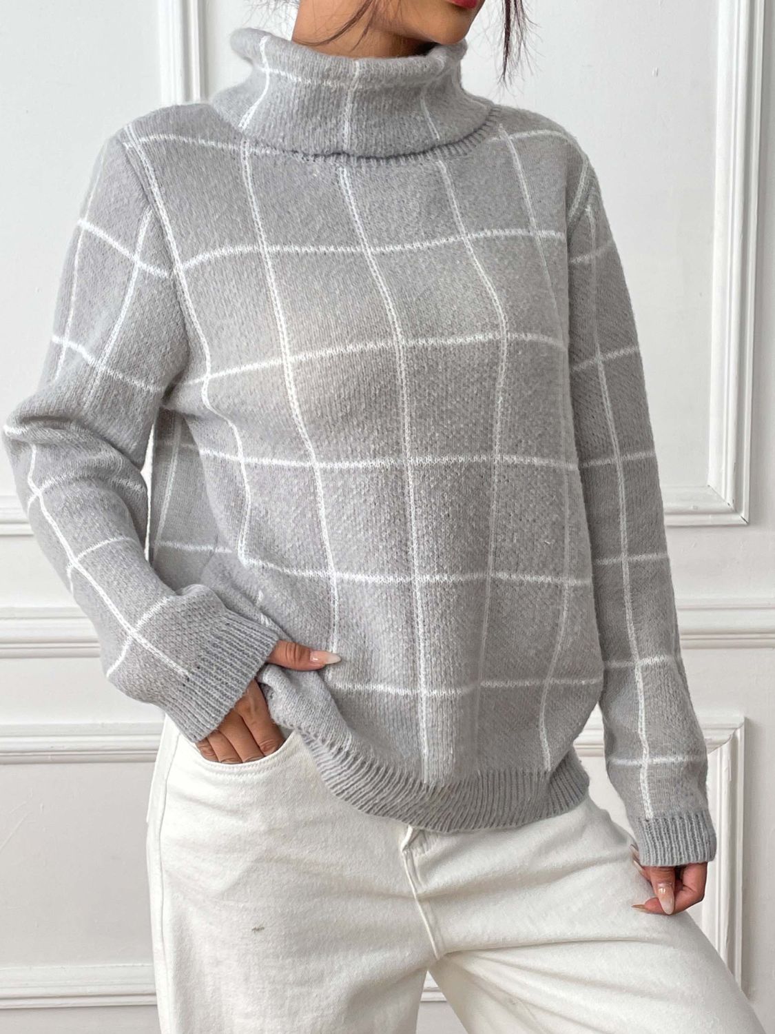 Gray plaid turtleneck sweater styled for a cozy fall look