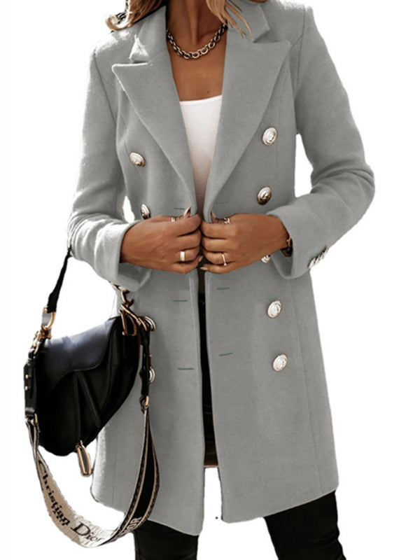 Relaxed gray woolen coat with dropped shoulder sleeves for a modern look.
