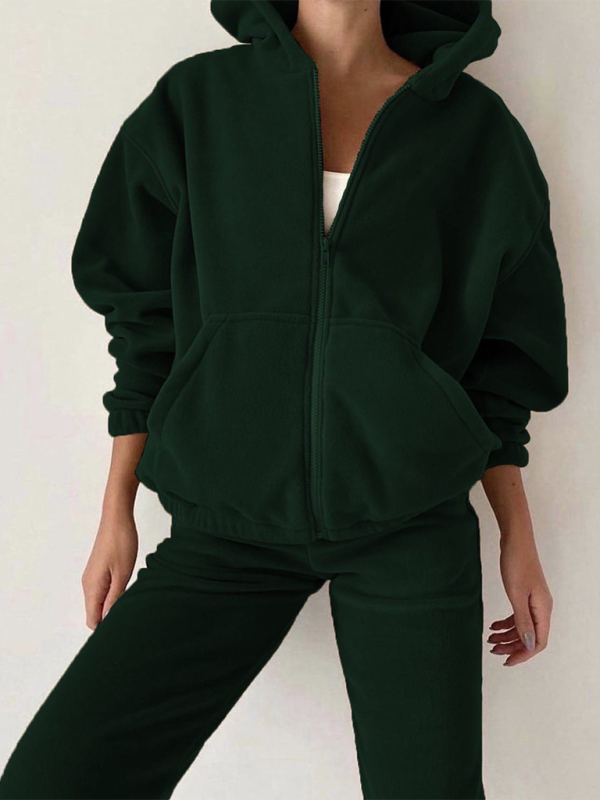 Closeup of the woven green hooded sweater set made from durable polyester.
