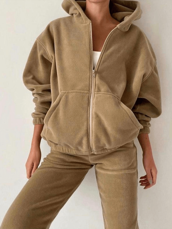 Closeup of the khaki sweater set made with woven polyester fabric.
