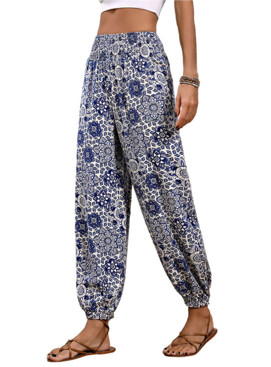 Woman wearing blue and white pattern pants