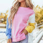 Bold color-block long sleeve sweatshirt for women, front view.
