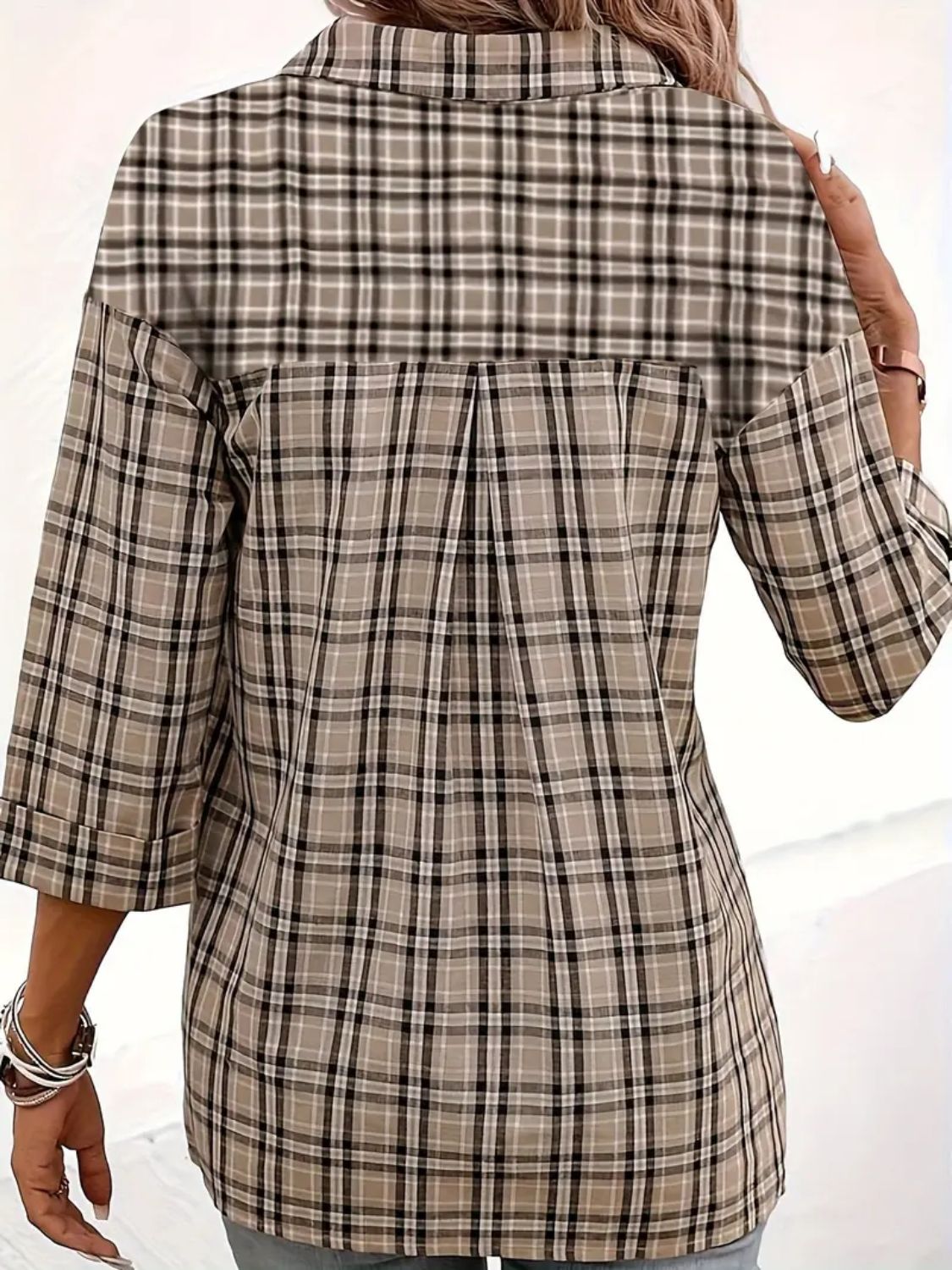 Women's plaid blouse with a mix of plaid and beige fabric
