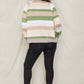 Olive cardigan featuring a tie-front design and colorful striped pattern.