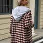 Comfortable women's brown plaid jacket with hood, paired with a basic white tee