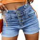 Stylish Button-Fly Denim Shorts with a flattering high-waist fit, versatile design, and comfortable pockets for summer fashion.