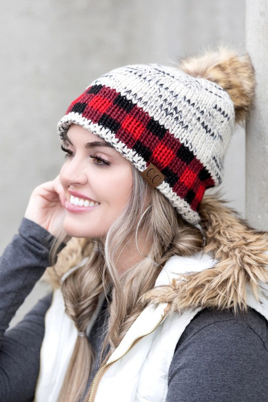 Ivory and red buffalo check fur pom beanie with soft fuzzy lining
