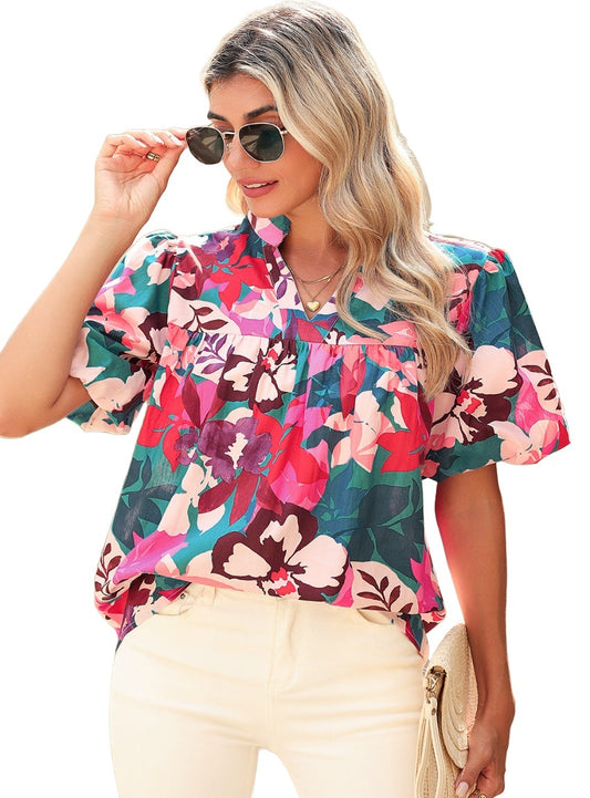 Bright floral print short-sleeve blouse