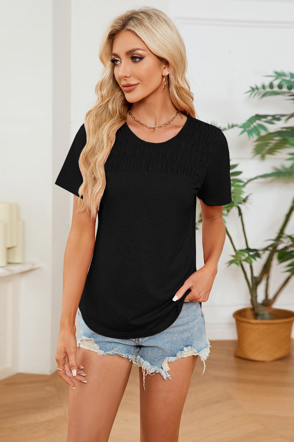 Chic Ruched T-Shirt with a soft, comfy fit. Perfect for any occasion, it elevates your everyday style. Shop now for a touch of elegance!