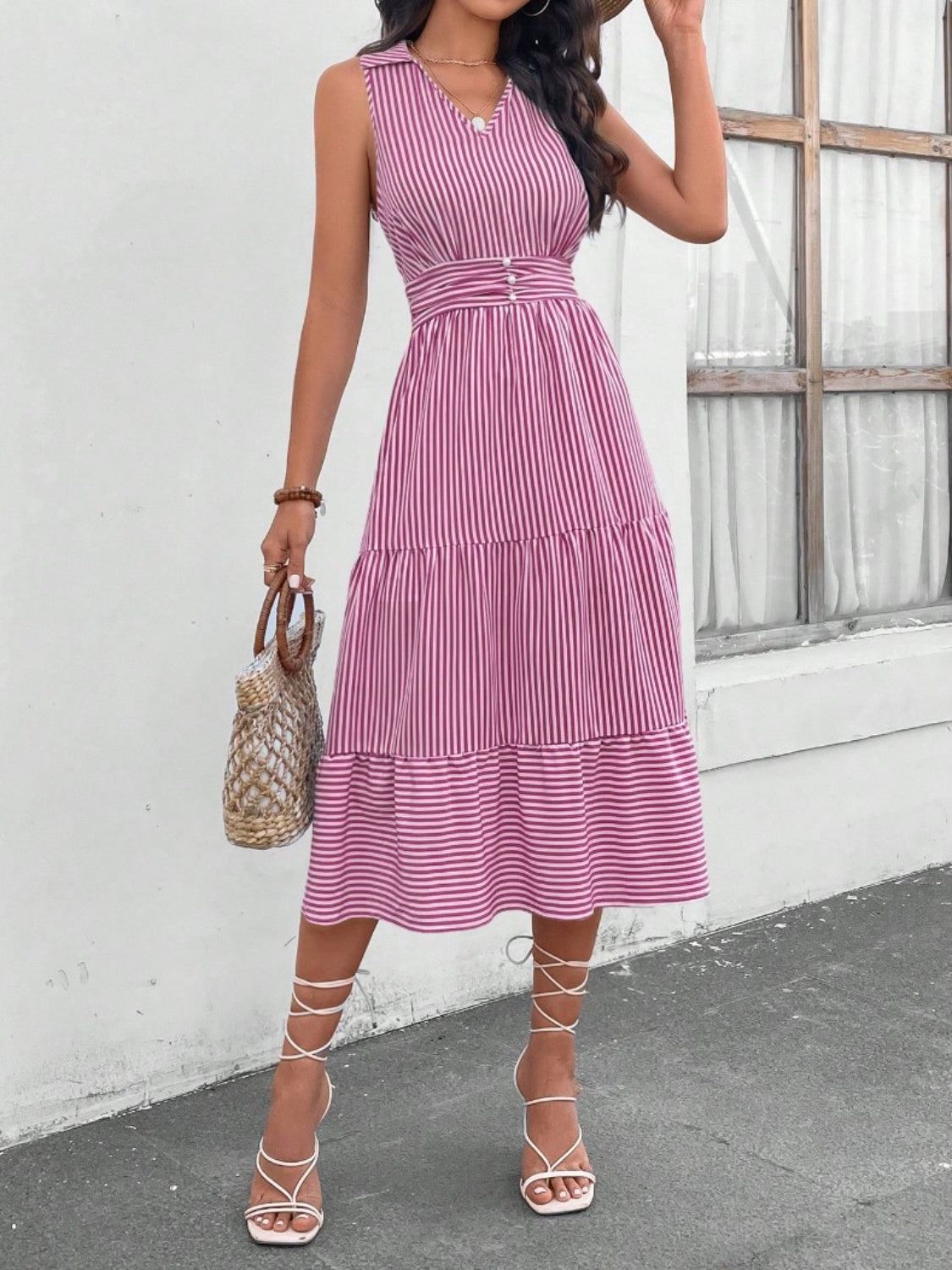 Chic striped midi dress with Johnny collar and waist cinching. Versatile, with pockets and available in 7 colors. Perfect for any occasion.