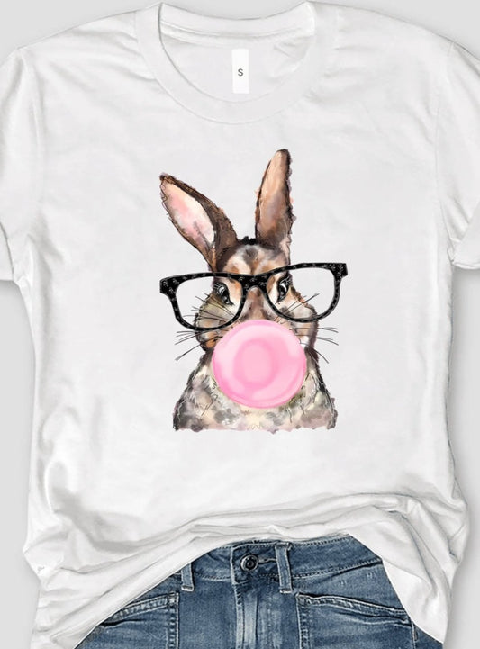 White t-shirt with bunny wearing glasses and blowing bubblegum