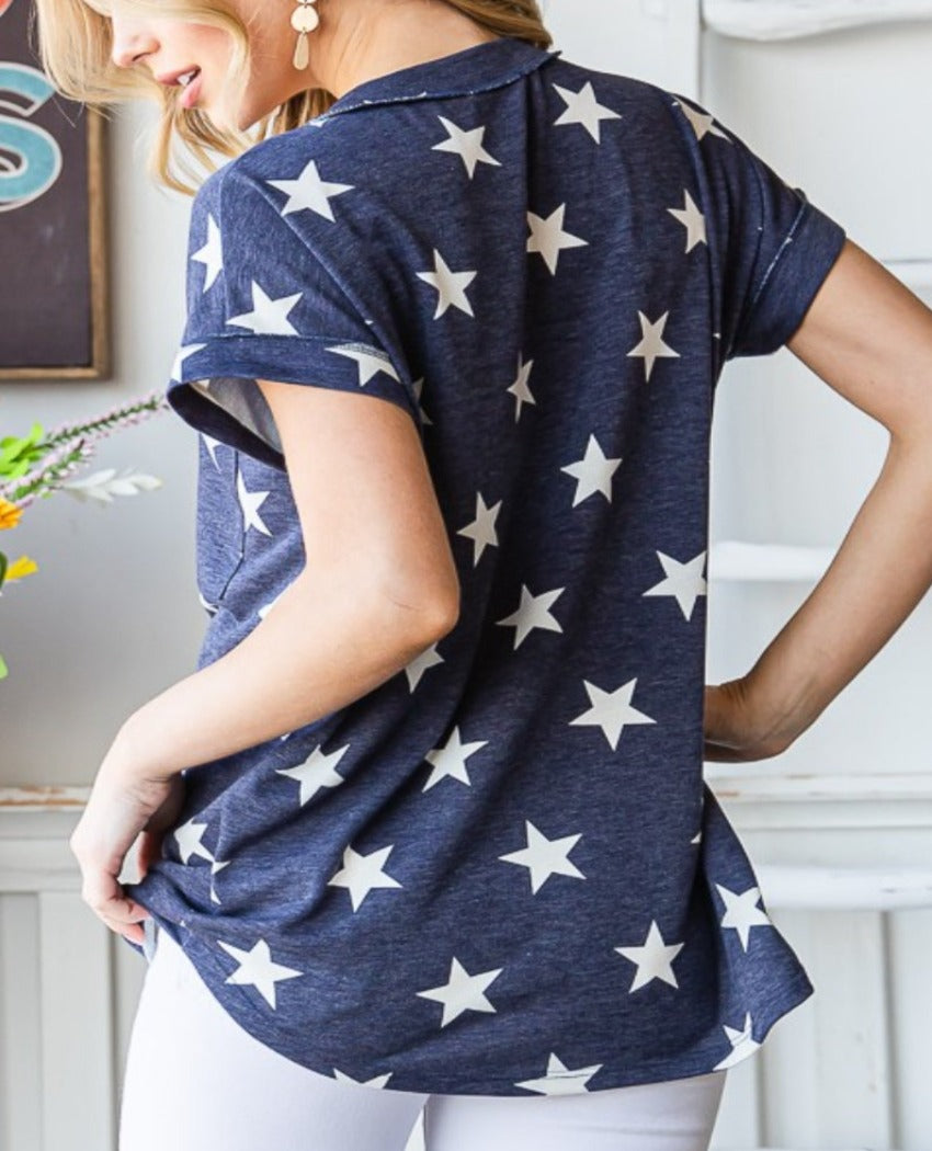 Shine in Heimish's Star Print V-Neck T-Shirt, perfect for casual chic. Comfortable, versatile, and made to last.