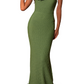 Chic green gown featuring a strapless neckline and flowy silhouette