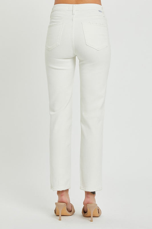 Crisp white denim jeans with a mid-rise fit and button-fly design by RISEN.