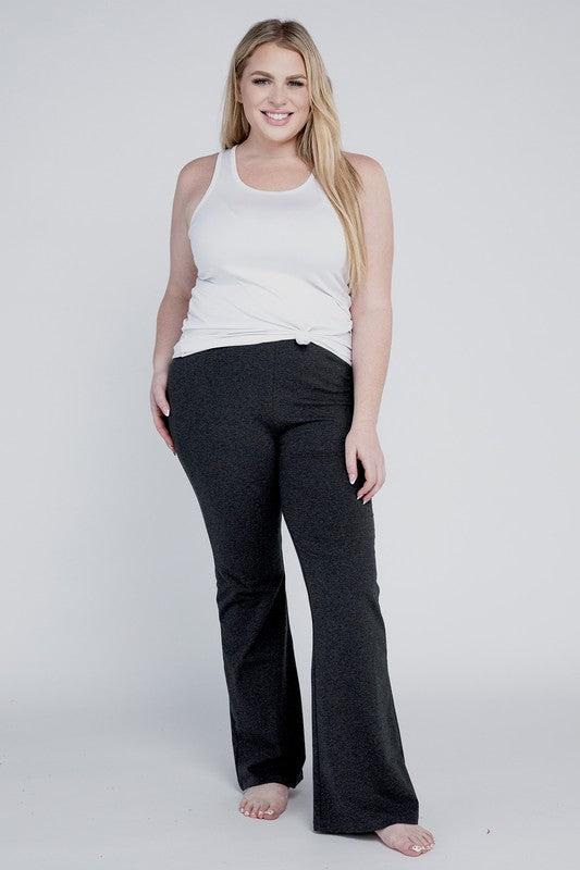 Everyday charcoal flare pants for women in plus sizes.
