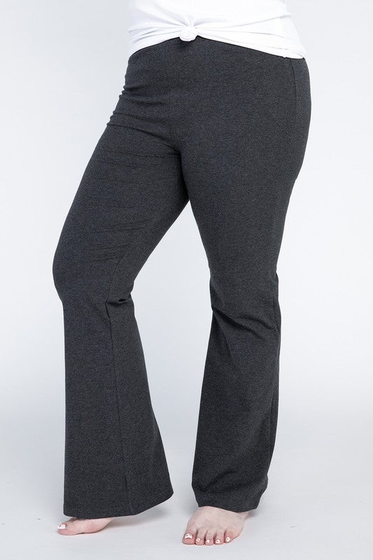 Plus size charcoal flare bottoms with an elastic waist.
