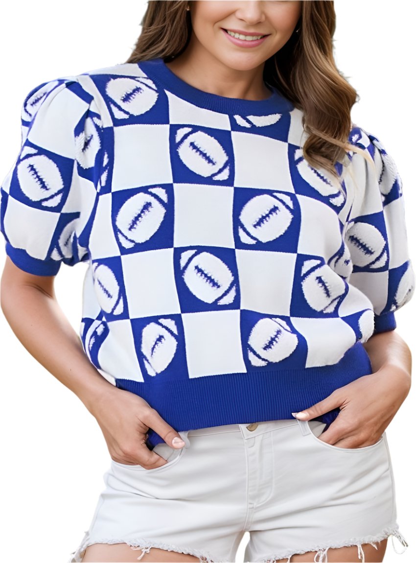 Royal blue checkerboard football sweater with a white background and puff sleeves.