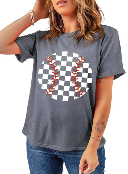 Front view of the Checkered Baseball Graphic Tee featuring a bold checkered baseball design.