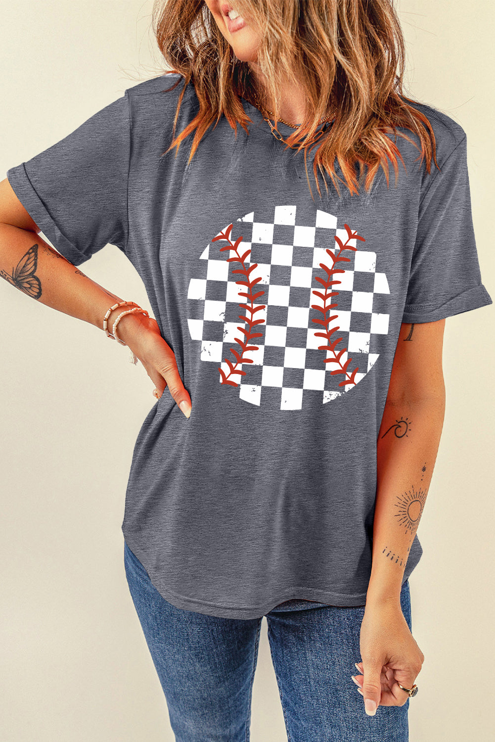 Retro-inspired checkered baseball design on the Checkered Baseball Graphic Tee.