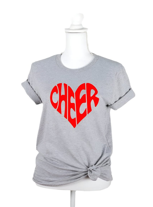 Front view of the Cheer Heart Graphic T-Shirt in oxford with bold red "CHEER" text inside a heart.