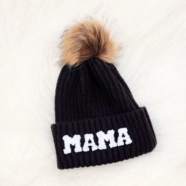 Black mama-themed winter beanie with chenille lettering and trendy pom detail
