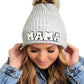 Gray chenille mama patch beanie with soft stretchy knit and faux fur pom
