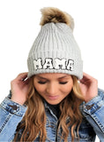 Gray chenille mama patch beanie with soft stretchy knit and faux fur pom
