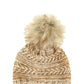 Textured camel chevron knit beanie with matching faux fur pom

