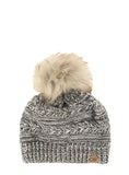 Textured gray chevron knit beanie with matching faux fur pom

