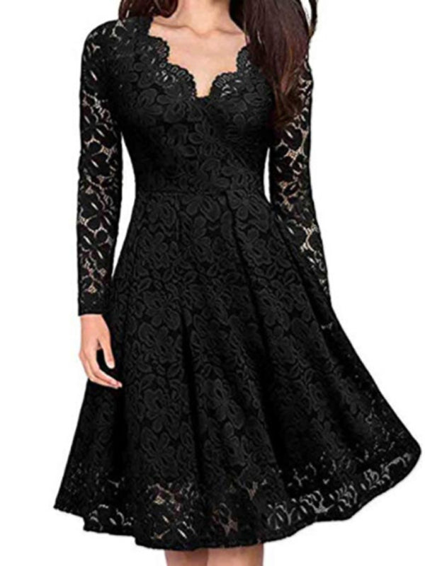 Graceful black lace dress perfect for formal events or holiday gatherings.
