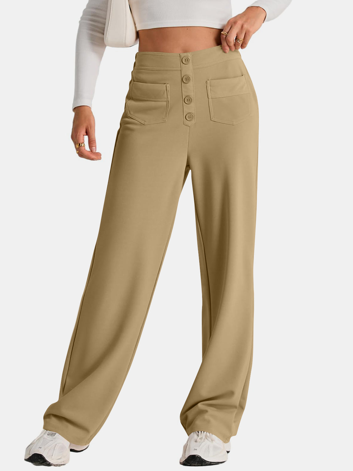 Khaki high waist wide leg pants with pockets
