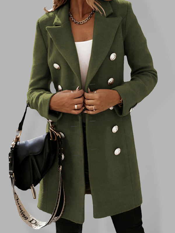 Chic olive woolen coat styled for effortless seasonal layering.
