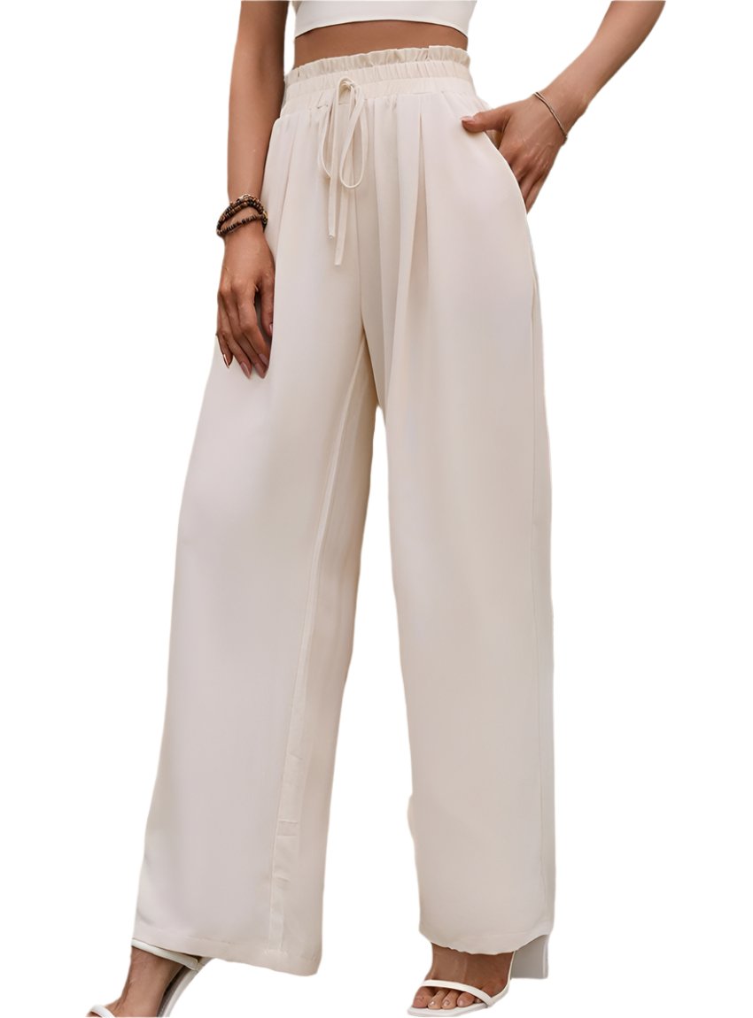 Women's chic white wide-leg pants with an elastic waistband and drawstring.