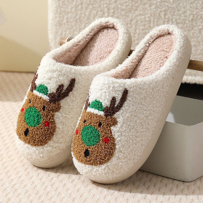 Christmas elk slippers featuring green-nose embroidery and plush lining
