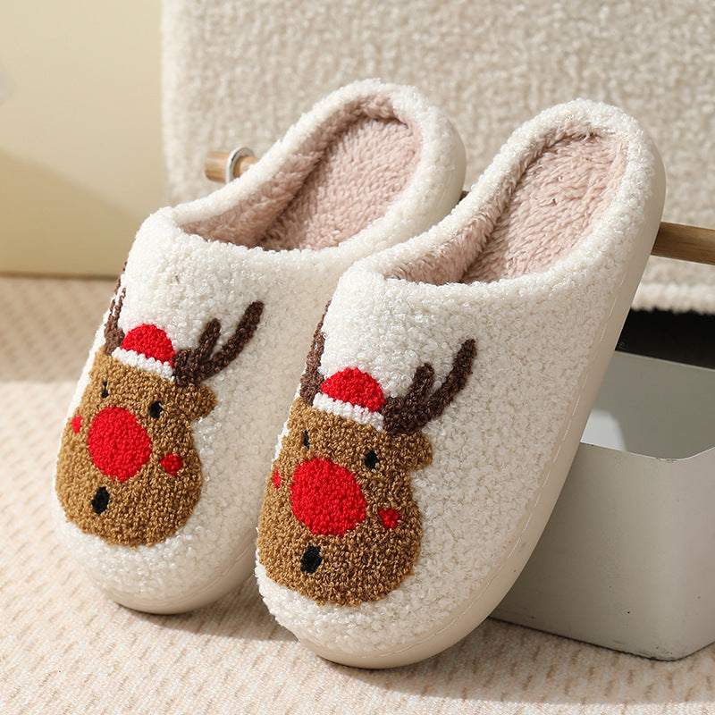 Festive red-nose elk slippers with cozy cotton blend fabric and fluffy interior
