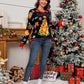 Woman styled in a funny Christmas sweater featuring food and festive elements.
