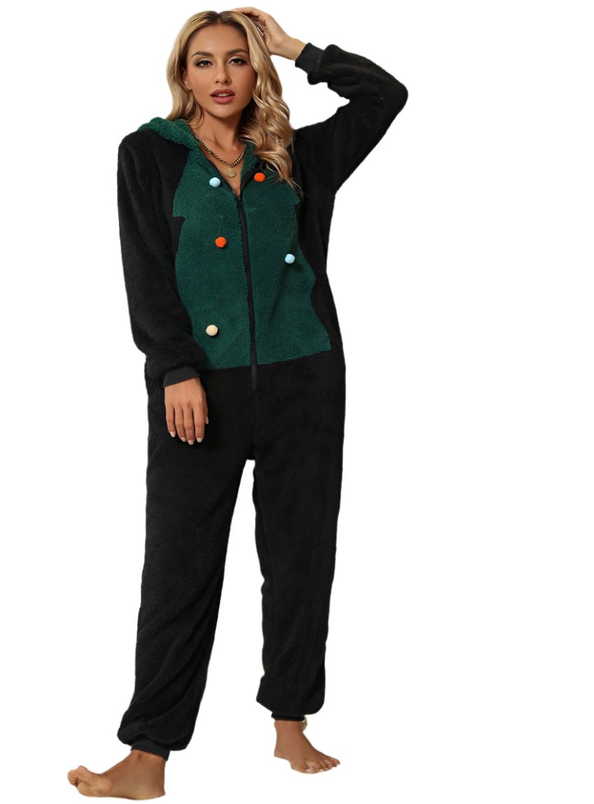 Cozy black fleece jumpsuit with a green Christmas tree design and pom-pom trim
