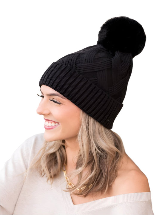 Black chunky knit winter beanie with luxurious faux fur pom
