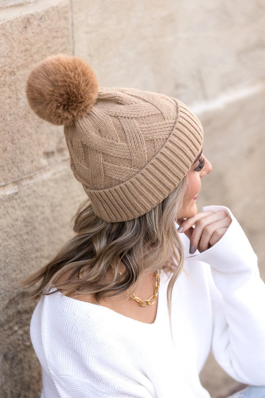 Camel chunky knit fur pom beanie with soft stretch and cozy fit
