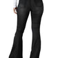 Black high waist flare jeans with edgy raw hem and sleek finish.
