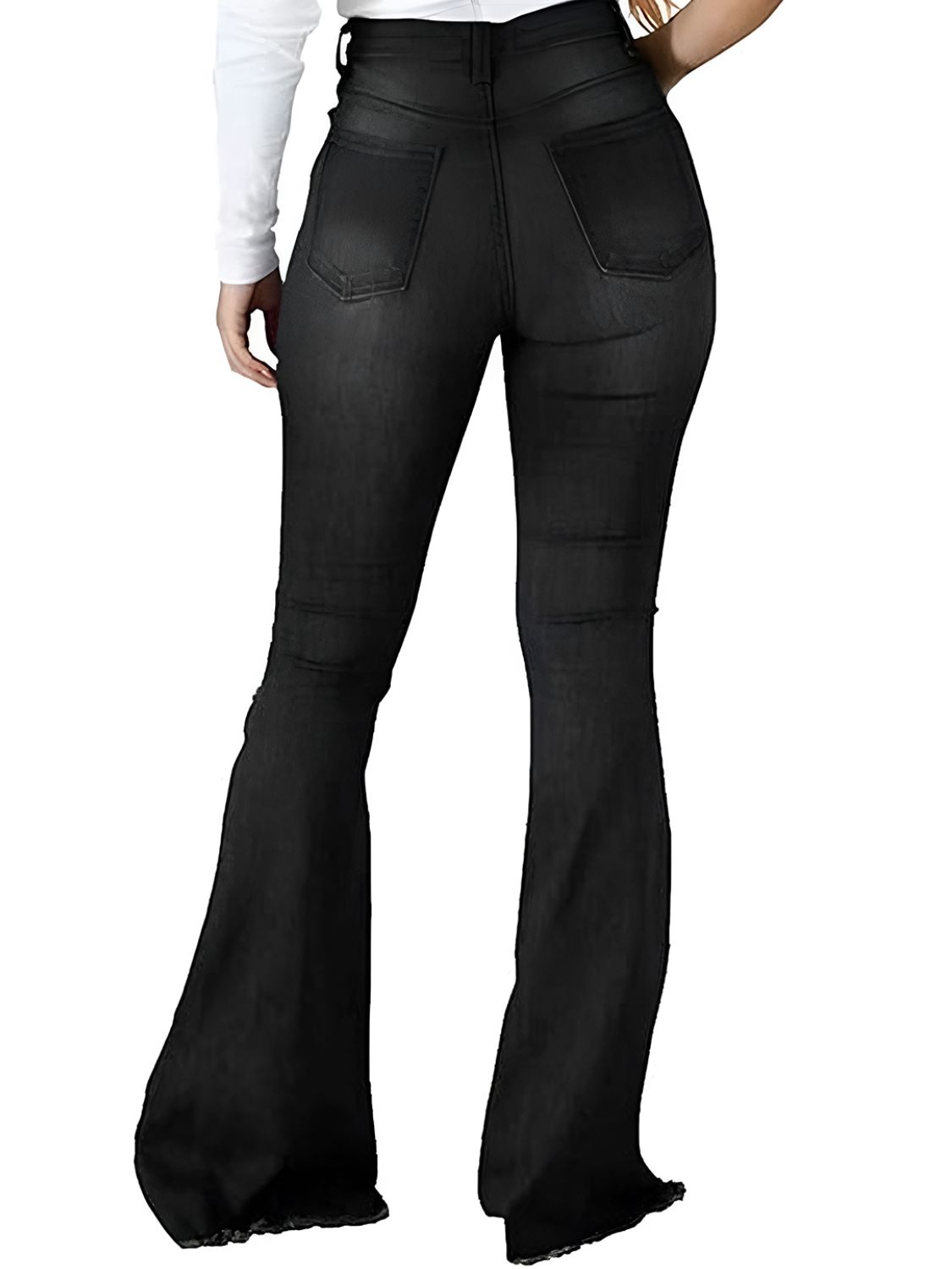 Black high waist flare jeans with edgy raw hem and sleek finish.
