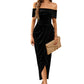 Black velvet dress featuring an off-shoulder neckline and ruched waist.
