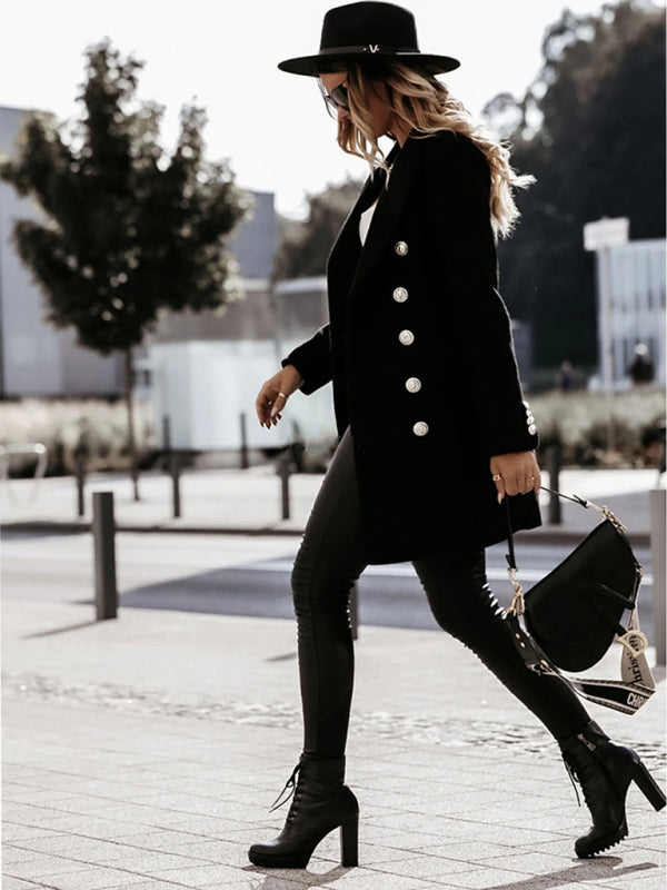 Classic black woolen coat styled with a double-breasted button design.
