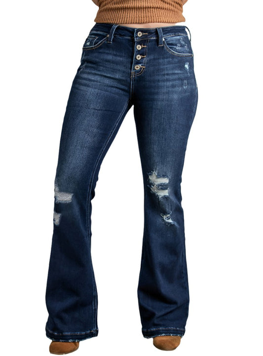 Classic bootcut jeans with button fly and distressed details.