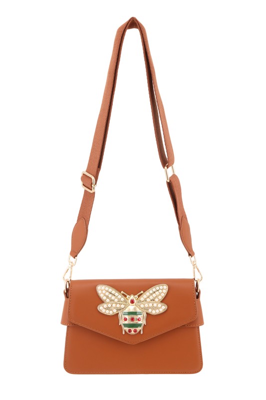 Camel crossbody bag featuring bee decor and a sleek compact design.
