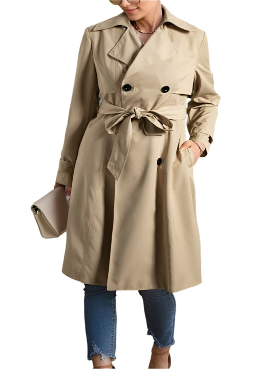 Front view of classic double-breasted trench coat with tie belt
