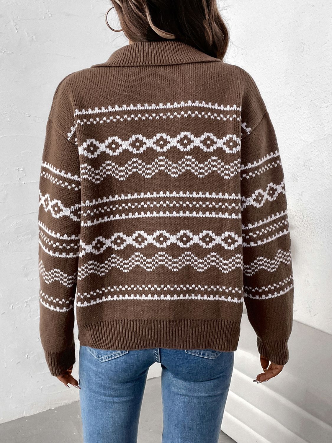 Classic Fair Isle knit cardigan in brown and white, front view.
